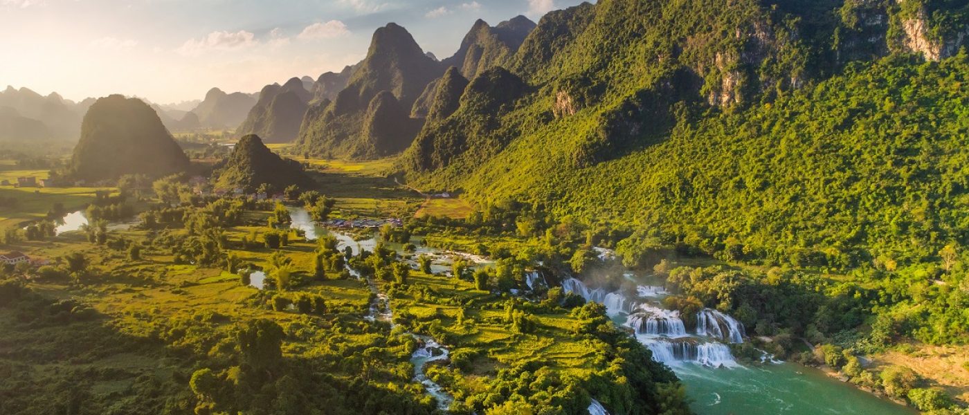 Royalty high quality free stock image aerial view of “ Ban Gioc “ waterfall, Cao Bang, Vietnam. “ Ban Gioc “ waterfall is one of the top 10 waterfalls in the world. Aerial view
